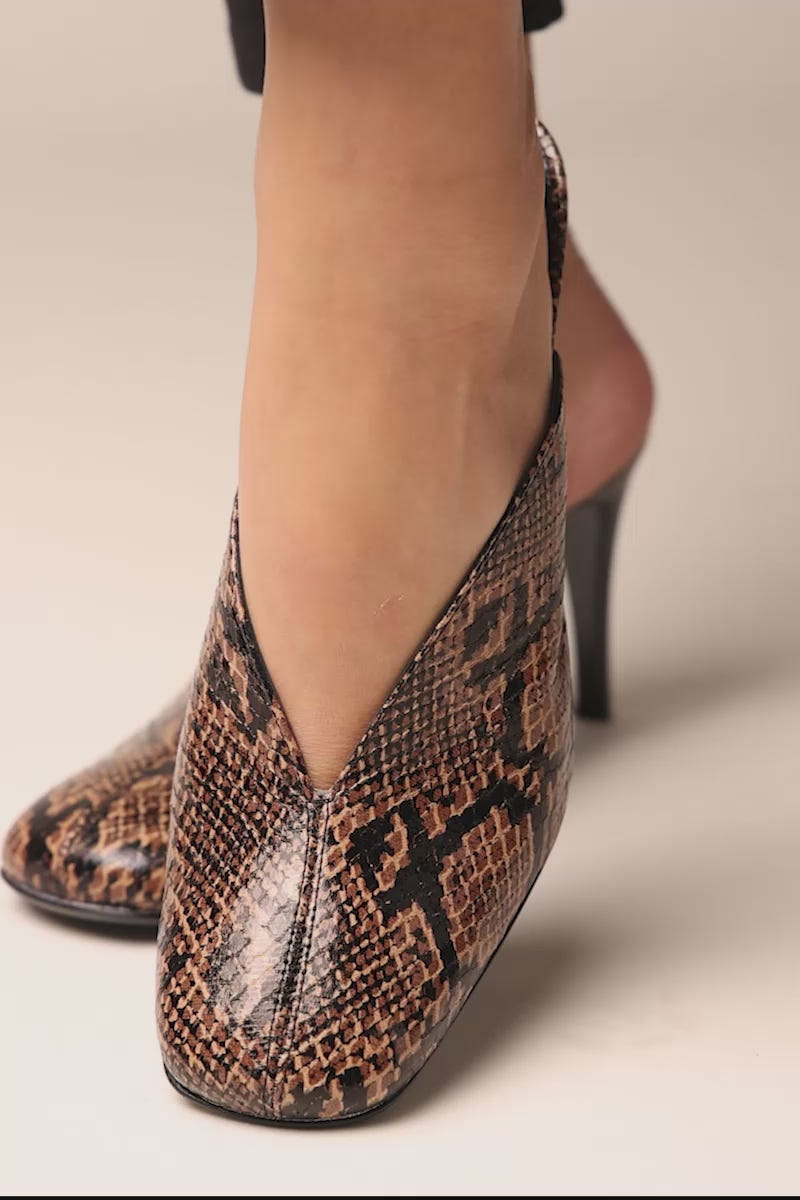 Stiletto Heel Mules Square Toe - Brown Snake Print