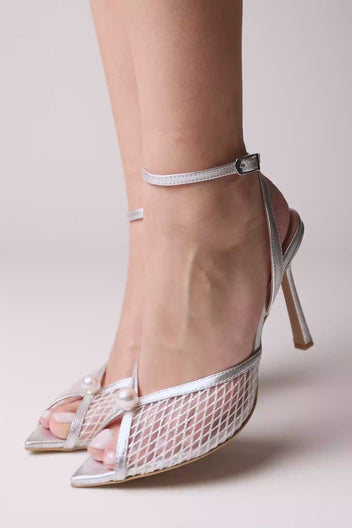 Pearl Detail Sandalen Slim Heel – Silber