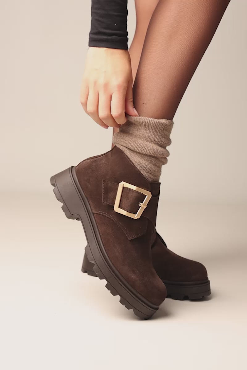 Ankle Boots Statement Buckle - Brown Suede