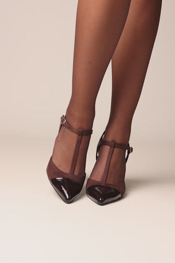 Block Heel Pumps T-Strap - Chocolate Suede Patent