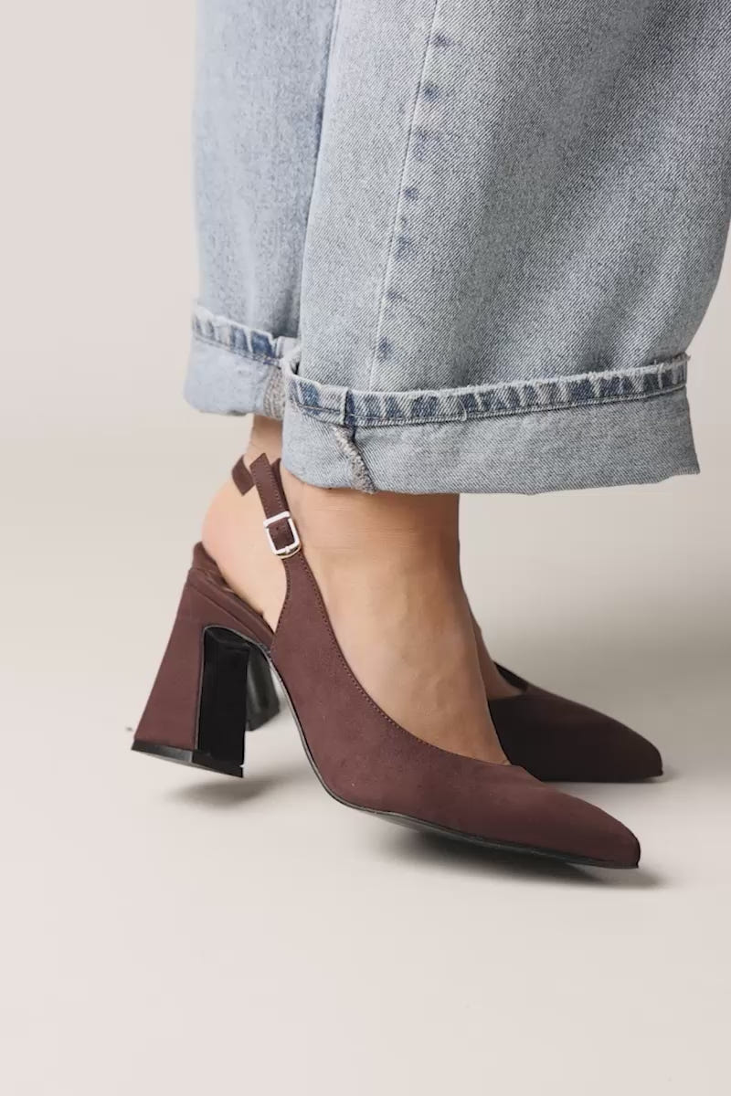 Γόβες Slingback Μυτερές - Καφέ Σουέντ