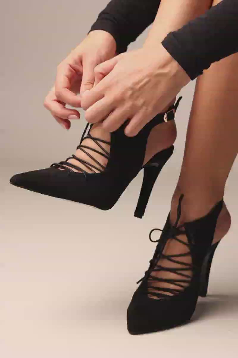 Γόβες στιλέτο Slingback με δέσιμο - Μαύρο Σουέντ