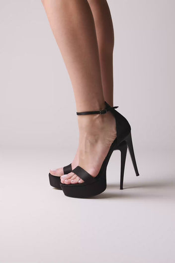 Platform Sandals Slim Heel - Black Satin