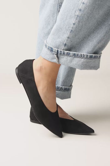 Pointed Toe Ballet Flats - Black Suede