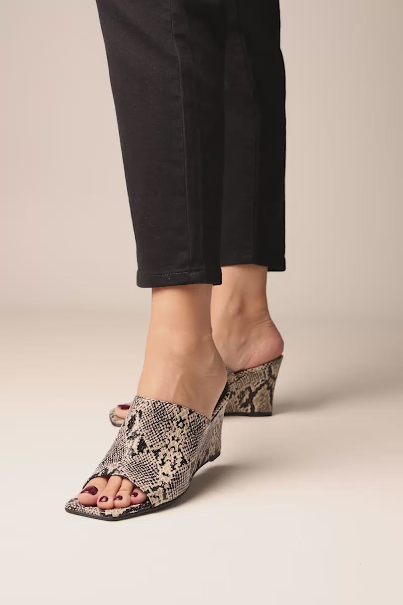 Wedge Heel Mules Square Toe - Beige Snake Print