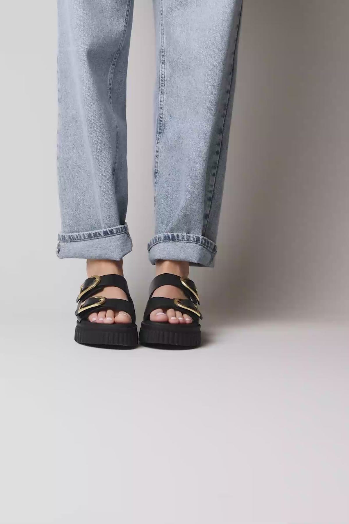 Leather Flatform Sandals - Black Matte