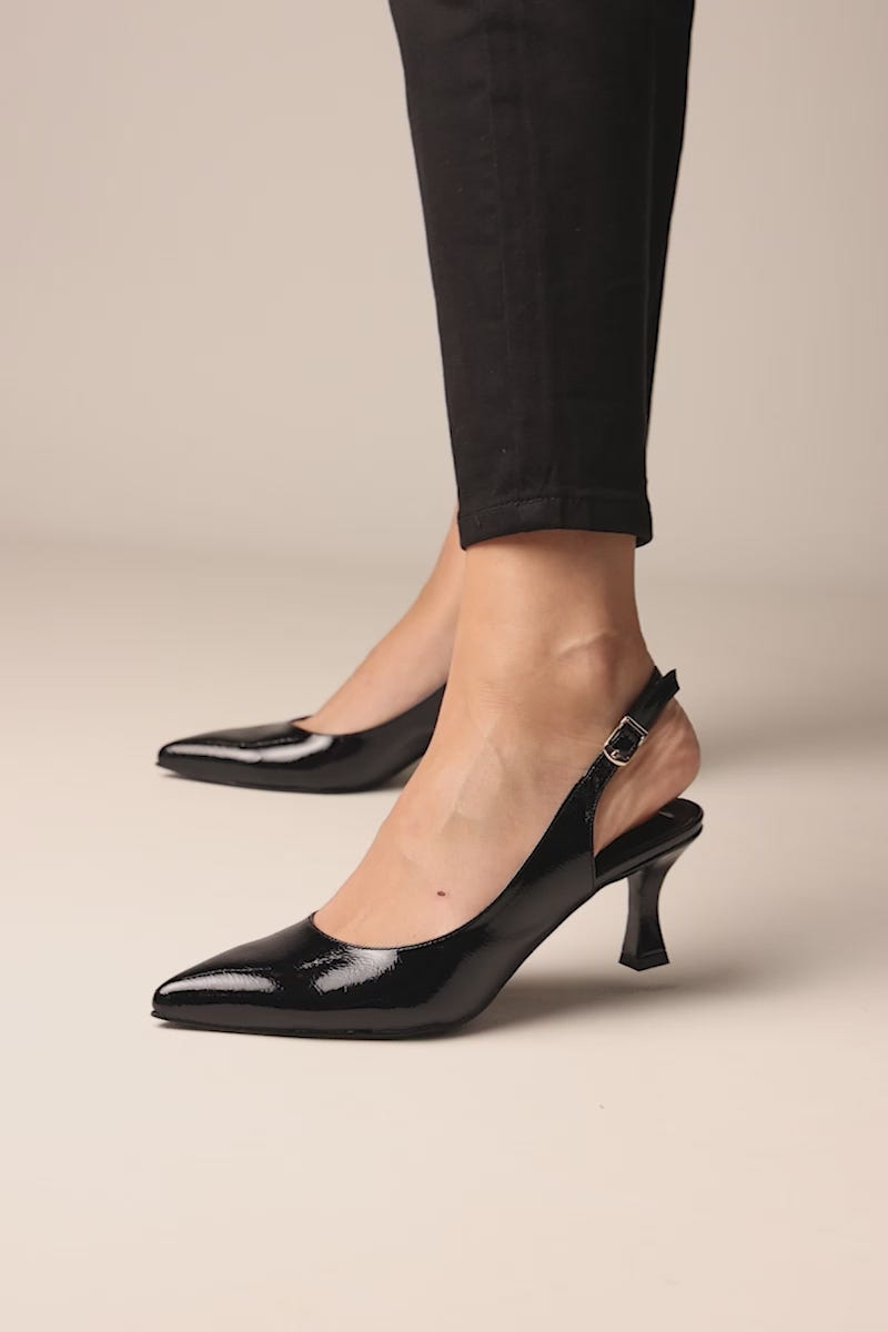 Kitten Heel Slingback Pumps Pointed Toe - Black Patent