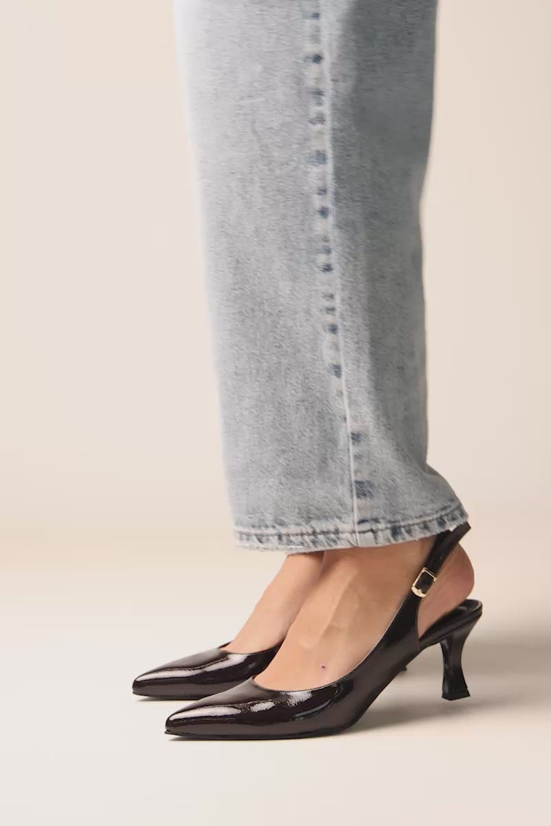 Kitten Heel Slingback Pumps Pointed Toe - Brown Patent