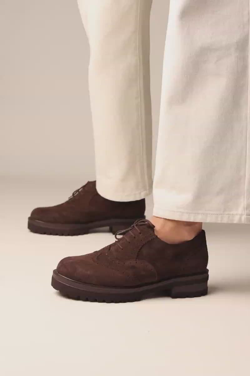 Brogue Lace Up Shoes Chunky Sole - Brown Suede