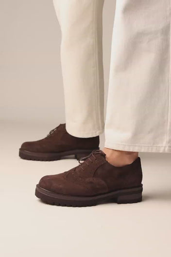 Brogue Lace Up Shoes Chunky Sole - Brown Suede
