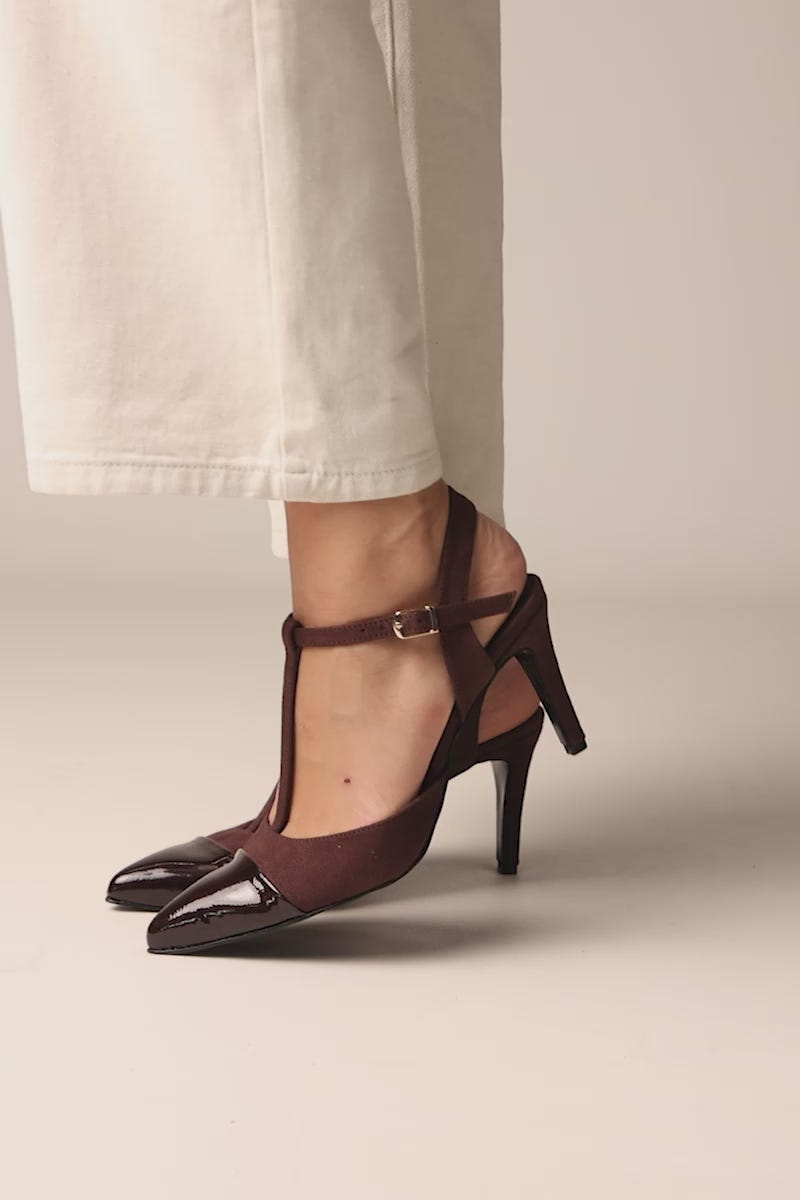 Stiletto Pumps T-Strap Pointed Toe - Chocolate Suede Patent