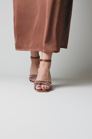 Block Heel Sandals - Brown Satin