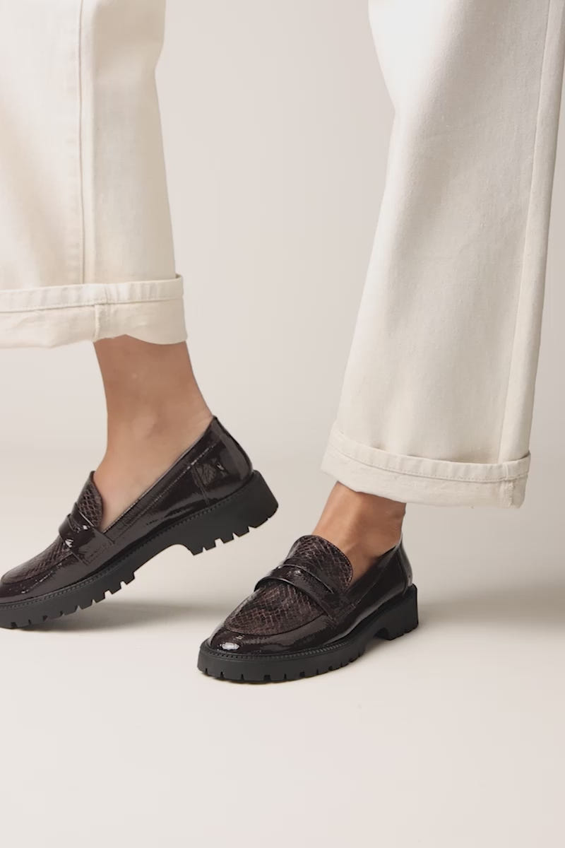 Chunky Sole Loafers Snake Detail - Brown Patent Snake