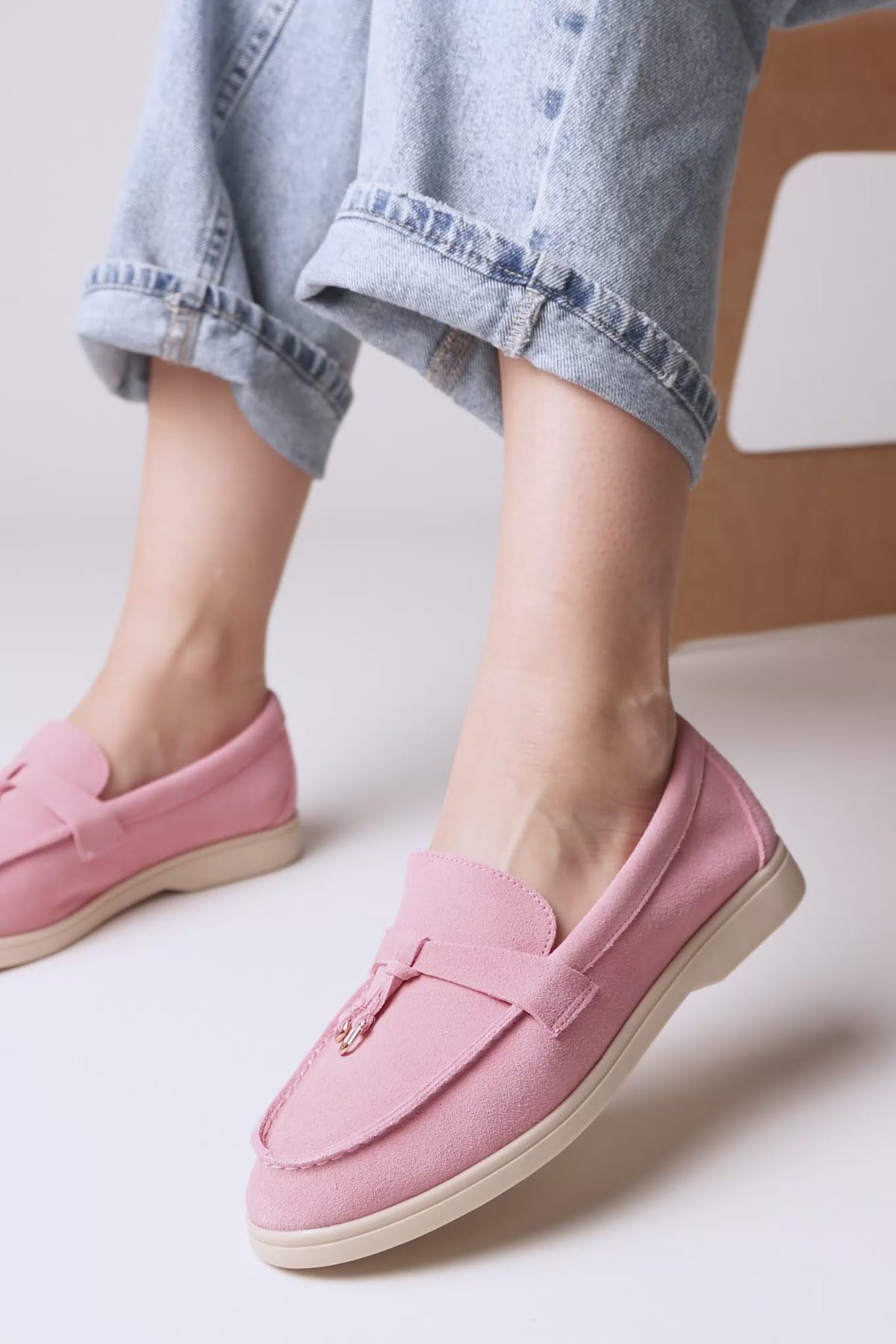 Comfort Loafers with Metal Detail - Pink Suede