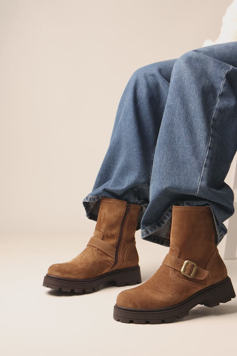 Biker Ankle Boots Buckle Detail - Taupe Suede