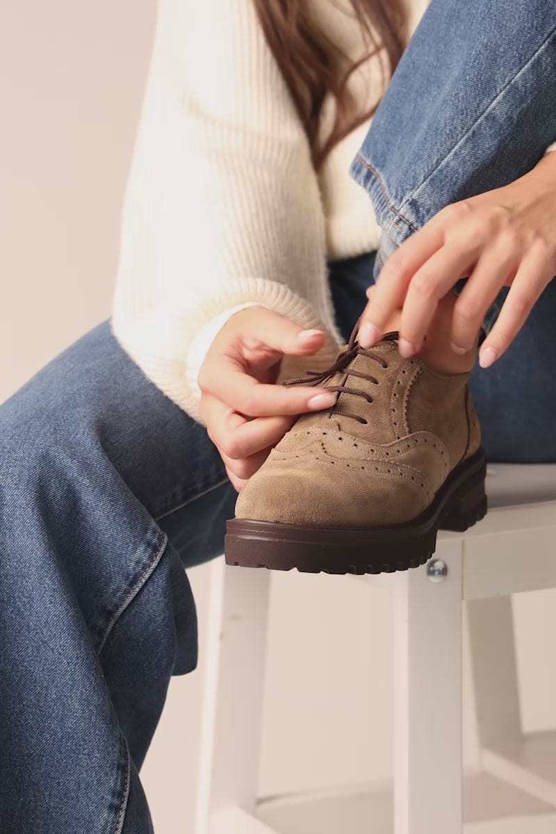 Brogue Lace Up Shoes Chunky Sole - Beige Suede