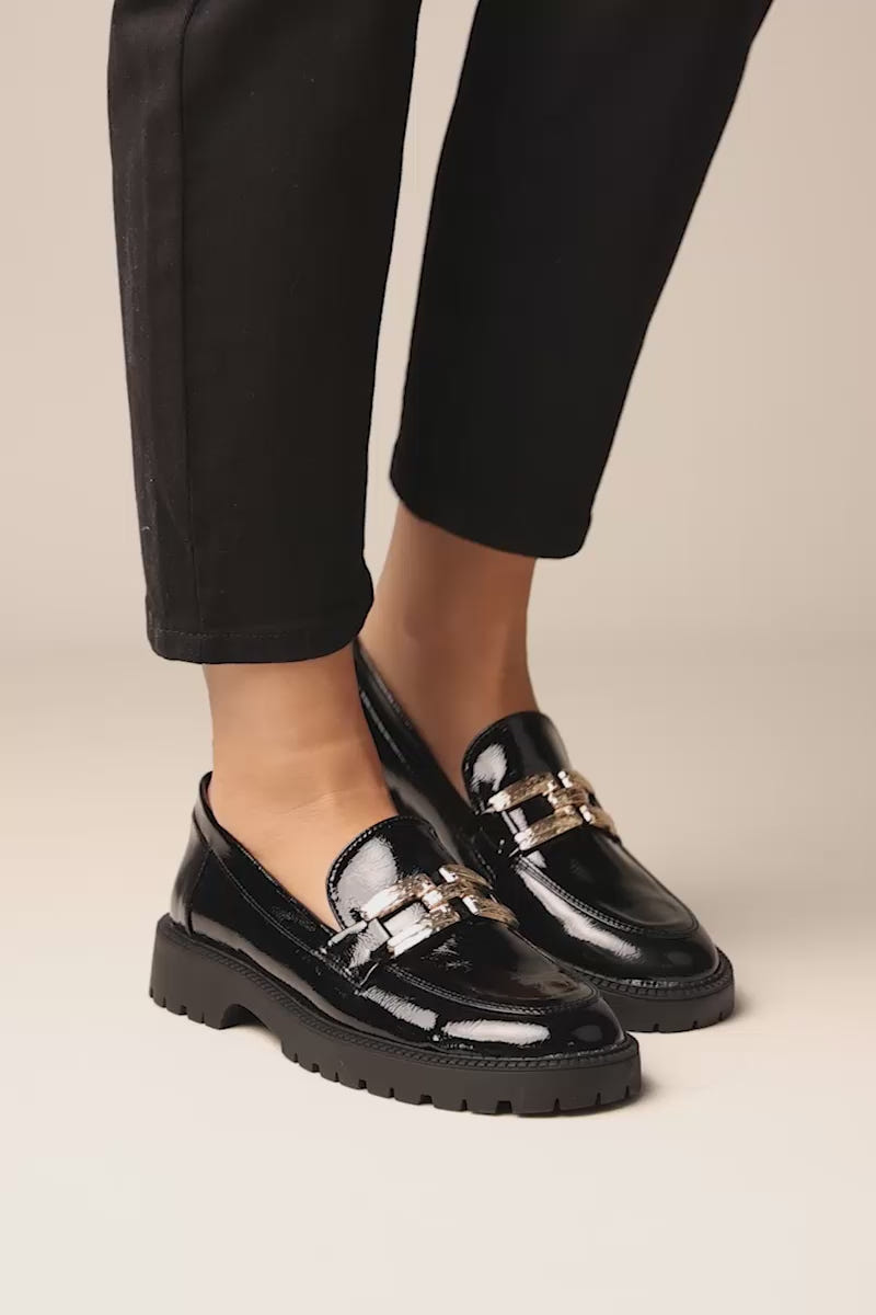 Chunky Sole Loafers Metallic Detail - Black Patent