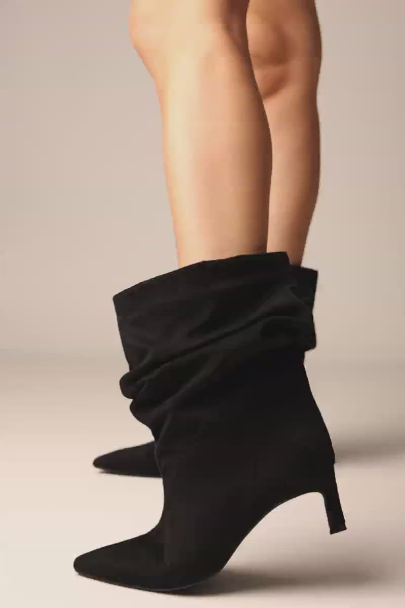 Ruched Kitten Heel Boots - Black Suede