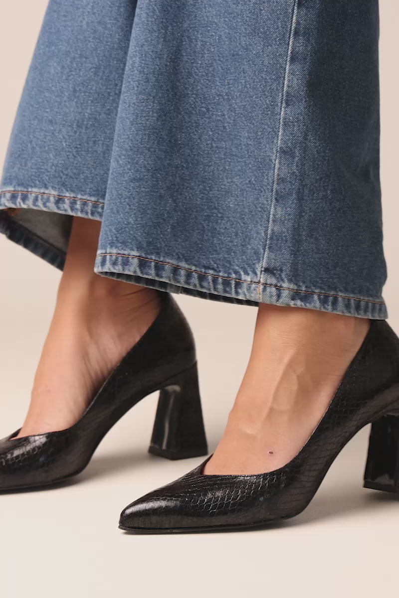 Block Heel Pumps Pointed Toe - Black Snake Patern