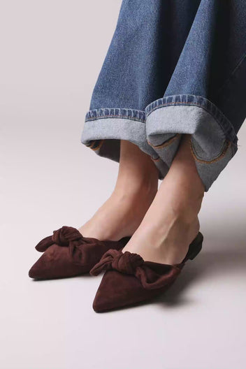 Pointed Flat Mules Bow Detail - Brown Suede