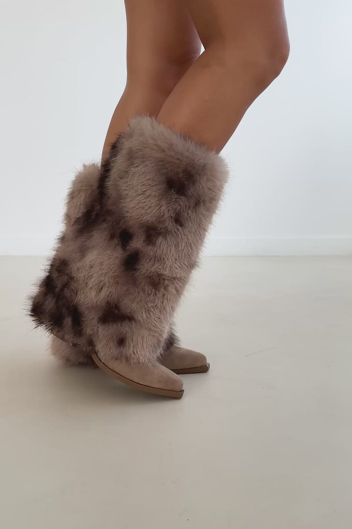 Mid Calf Cowboy Boots Block Heel - Taupe Suede