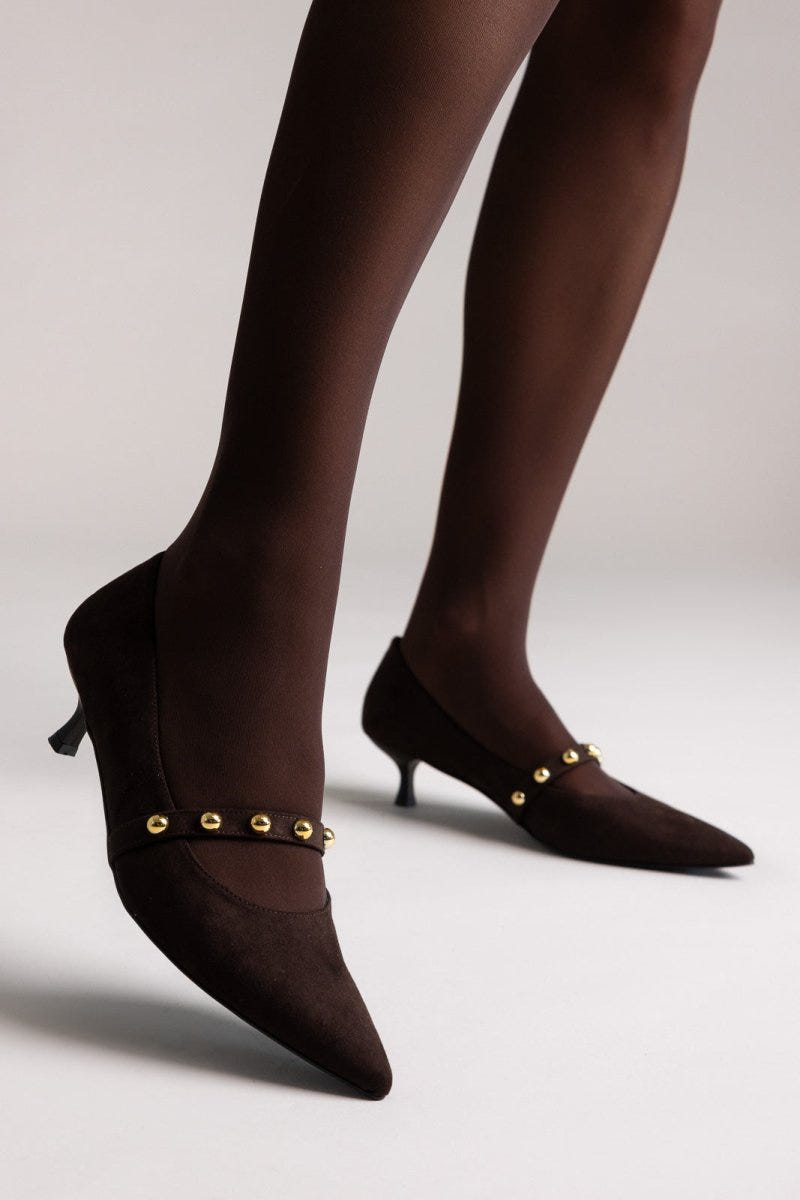Pumps Kitten Heel Studded Strap TFP - Brown Suede - thefashionproject.gr - TFP