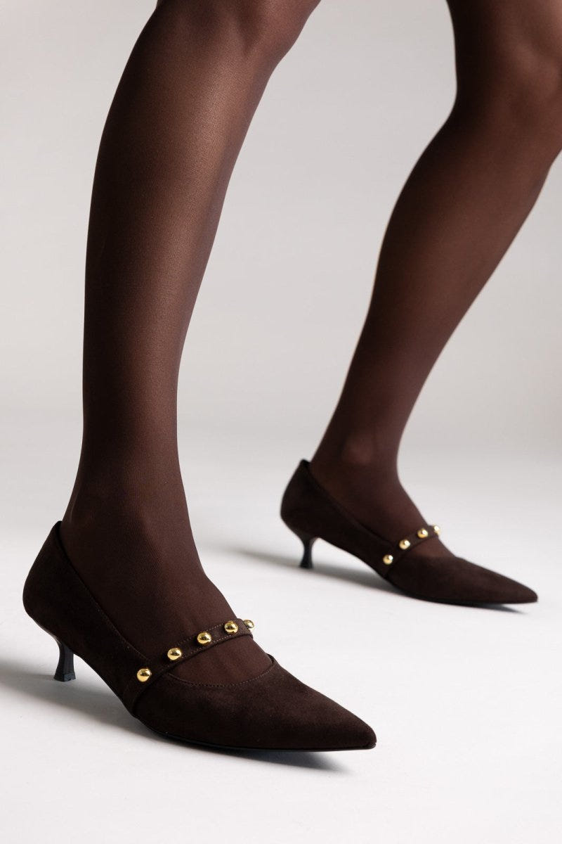 Pumps Kitten Heel Studded Strap TFP - Brown Suede - thefashionproject.gr - TFP