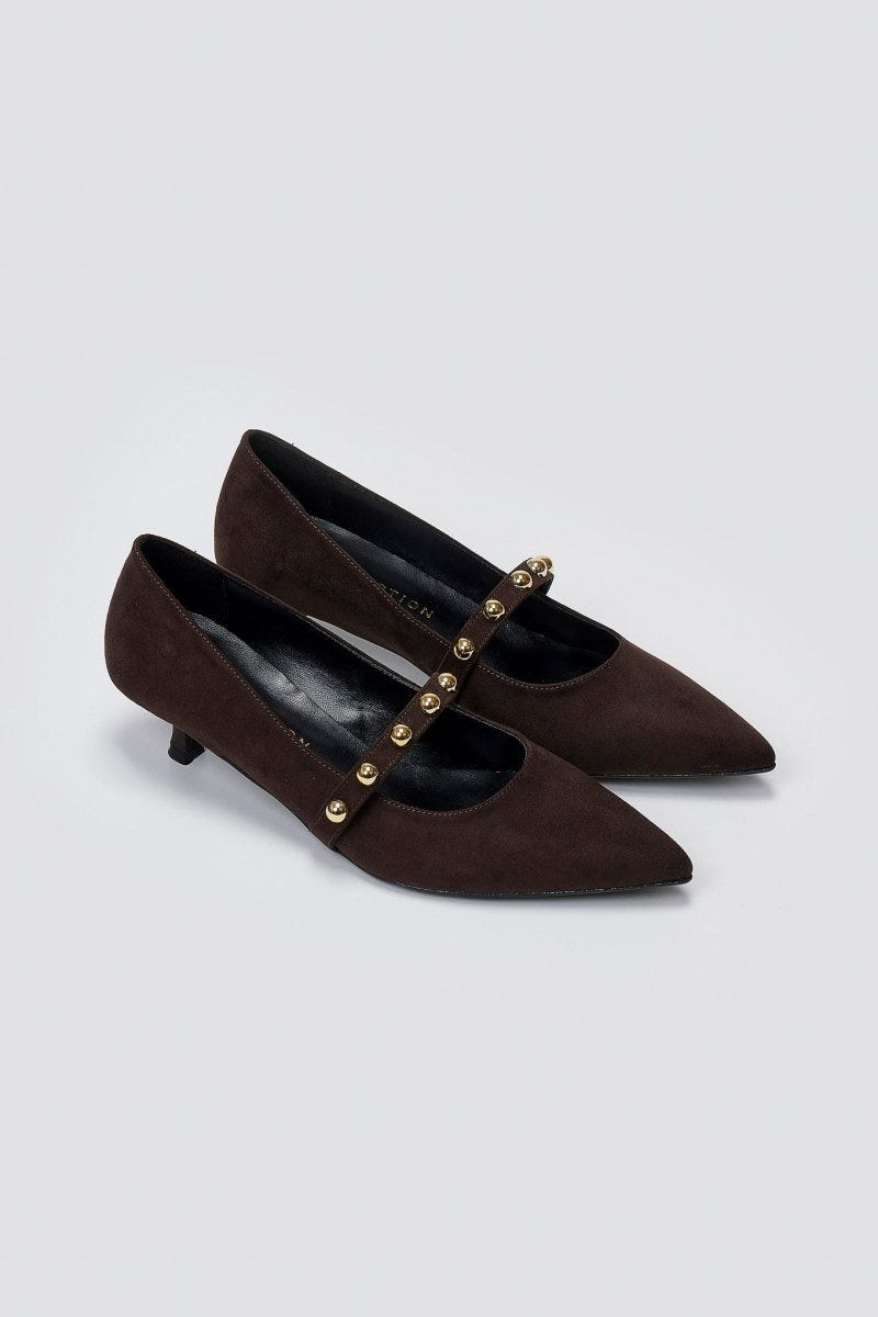 Pumps Kitten Heel Studded Strap TFP - Brown Suede - thefashionproject.gr - TFP