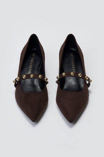 Pumps Kitten Heel Studded Strap TFP - Brown Suede - thefashionproject.gr - TFP