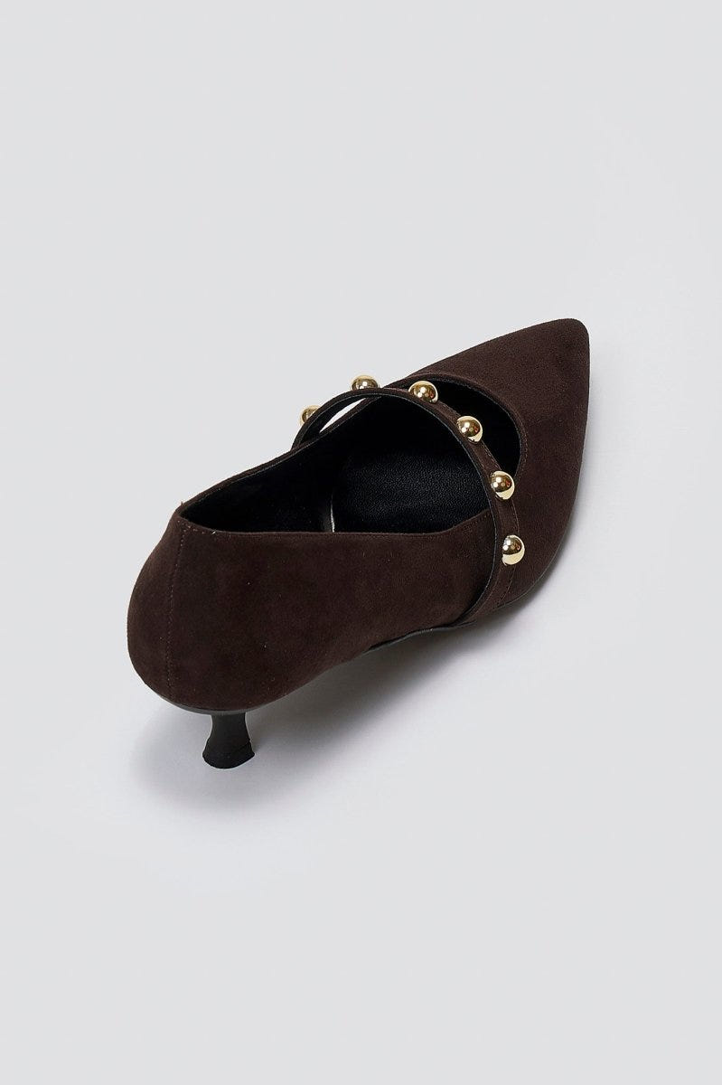 Pumps Kitten Heel Studded Strap TFP - Brown Suede - thefashionproject.gr - TFP