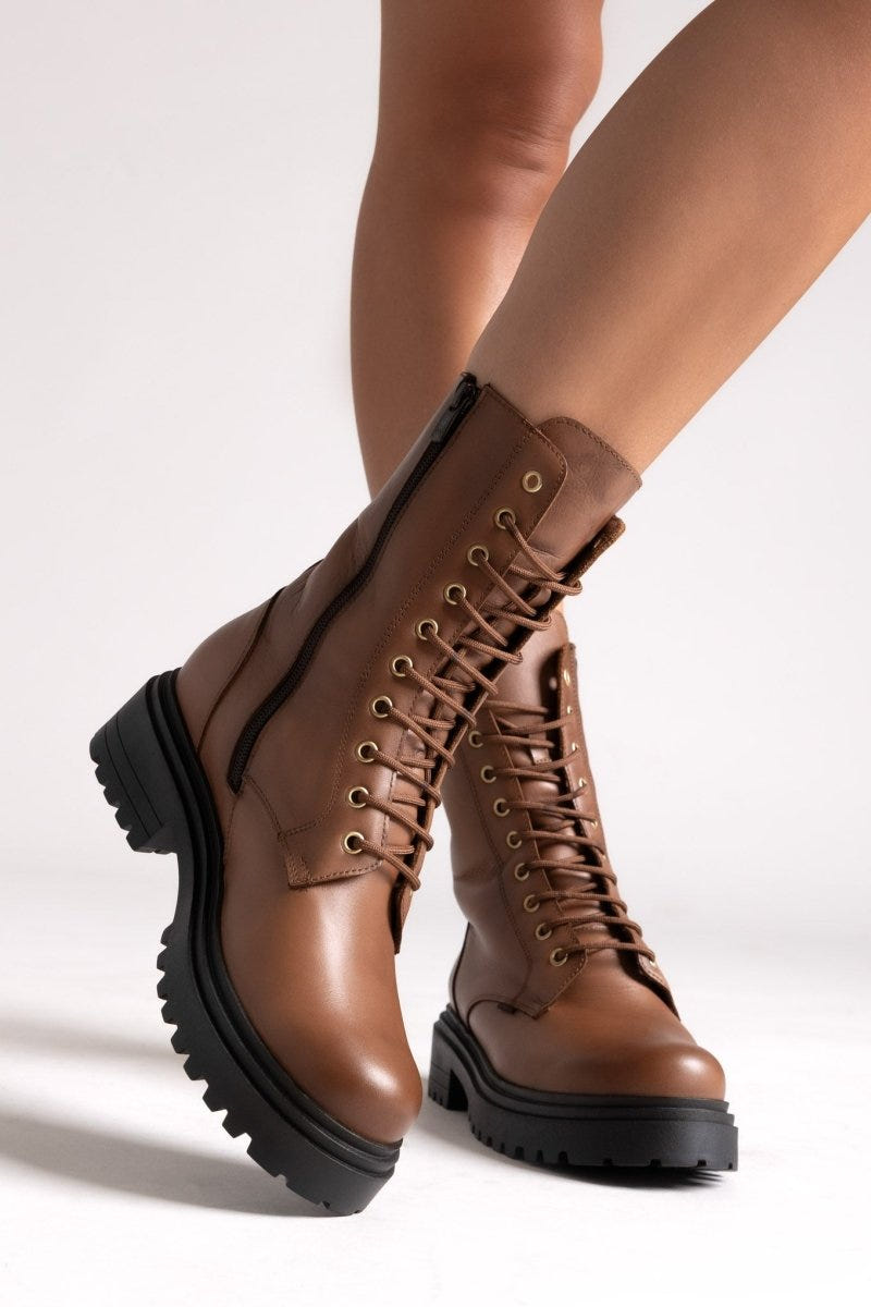 Ragazza 0283 Leather Combat Boots for Comfort - Tan Matte - thefashionproject.gr - RAGAZZA