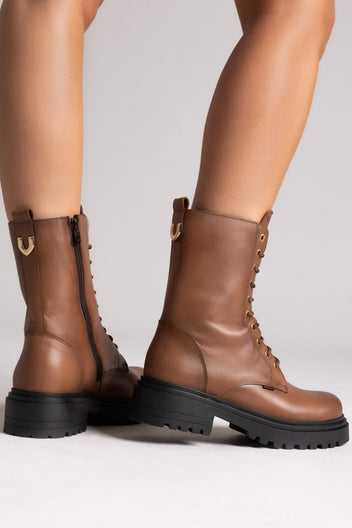 Ragazza 0283 Leather Combat Boots for Comfort - Tan Matte - thefashionproject.gr - RAGAZZA