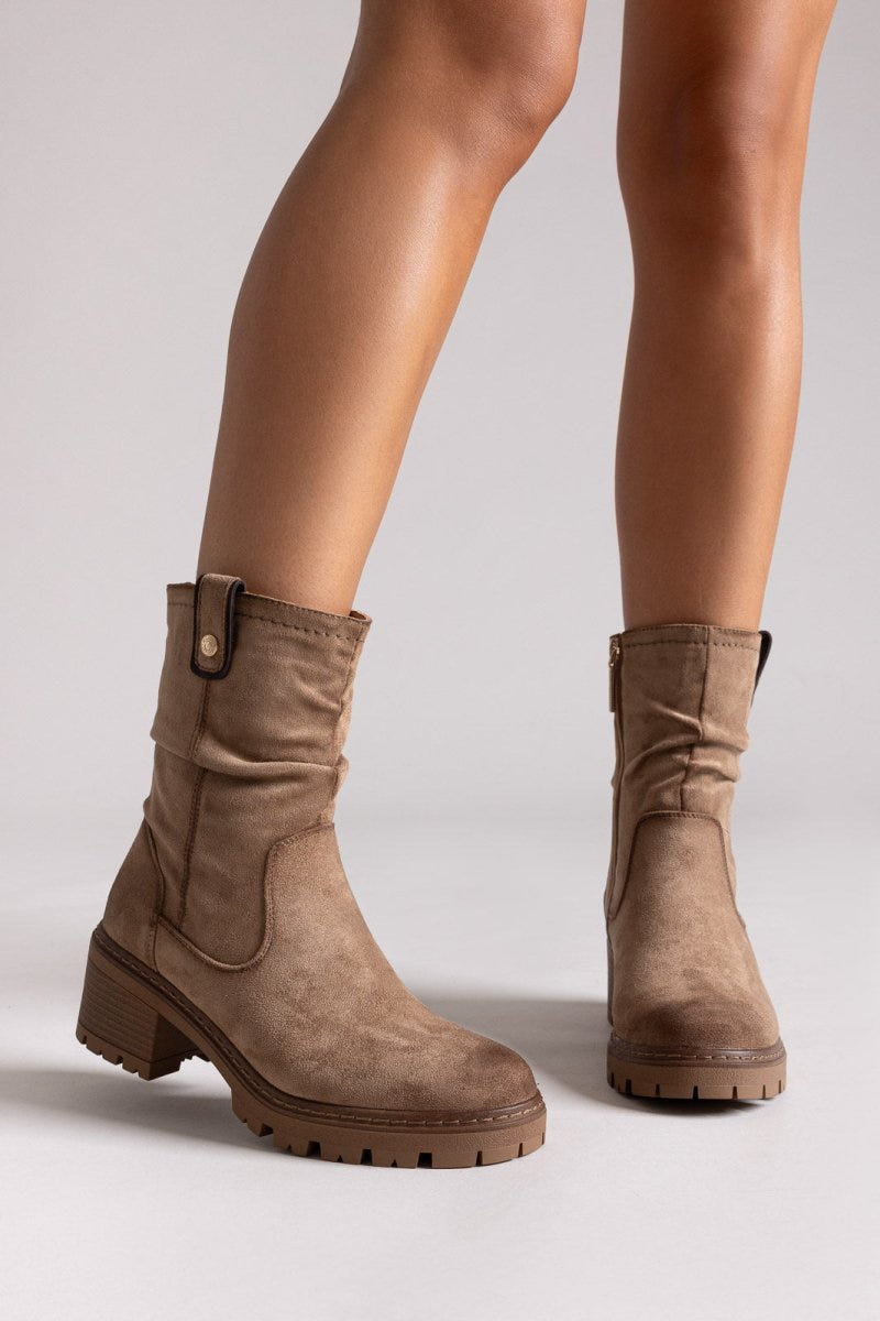 Refresh 173021 Vegan Suede Cuffed Ankle Boots with Heel - Beige Suede - thefashionproject.gr - Refresh