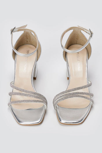 TFP - Rhinestone Ankle Strap Sandals - Silver Metallic