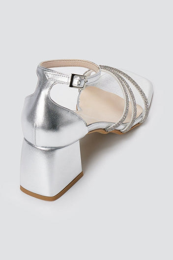 TFP - Rhinestone Ankle Strap Sandals - Silver Metallic