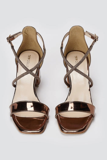 TFP - Rhinestone Block Heel Sandals TFP - Brown Mirror