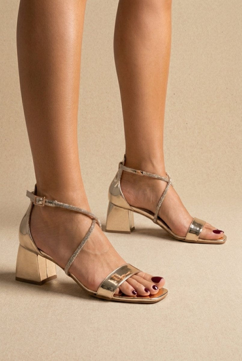TFP - Rhinestone Block Heel Sandals TFP - Gold Mirror