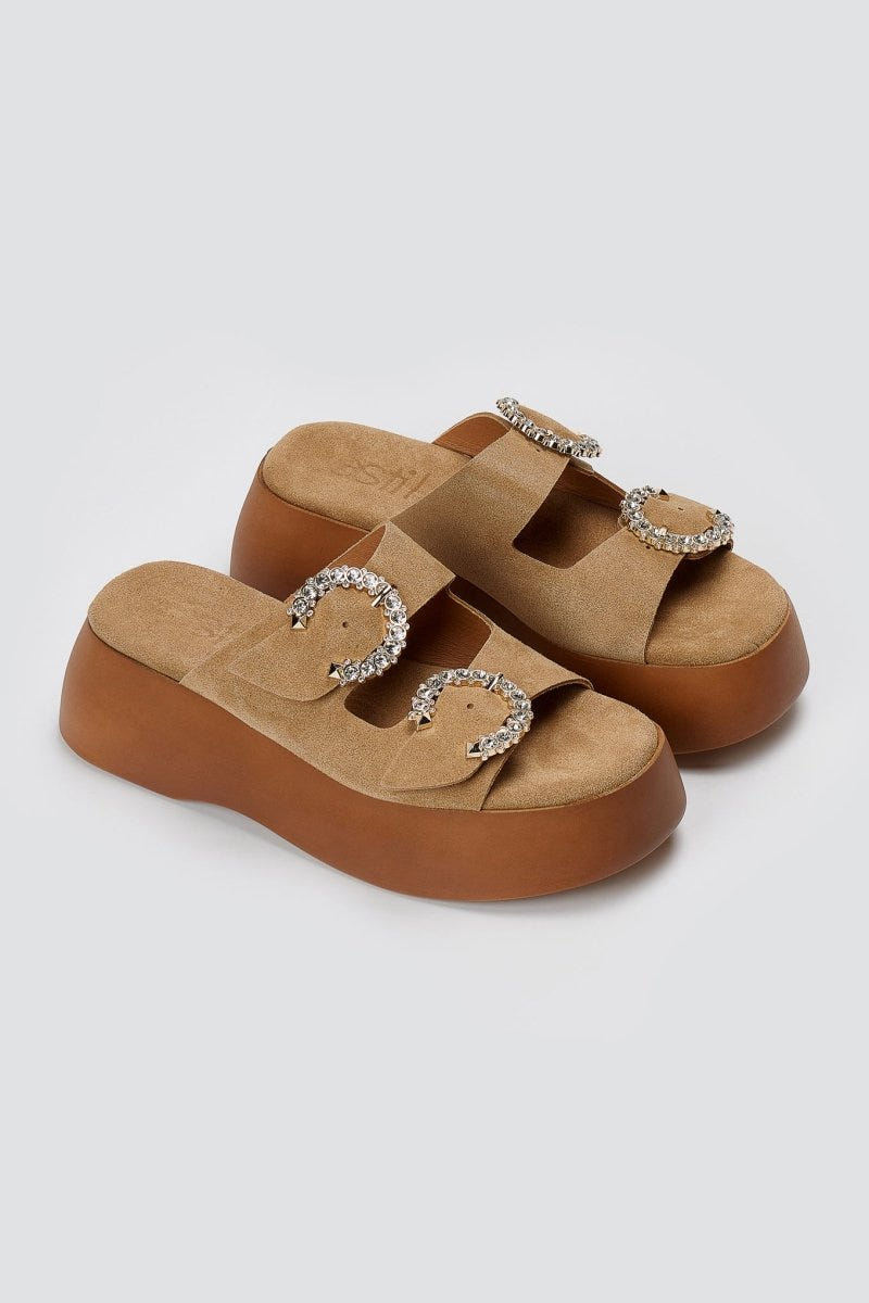 Estil - Rhinestone Sandals - Beige Suede