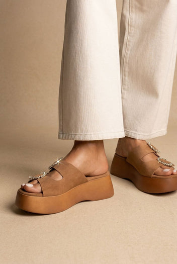 Estil - Rhinestone Sandals - Beige Suede