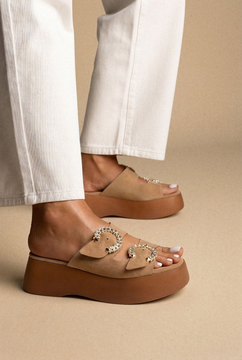 Estil - Rhinestone Sandals - Beige Suede