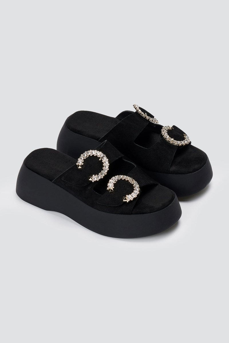 Estil - Rhinestone Sandals - Black Suede