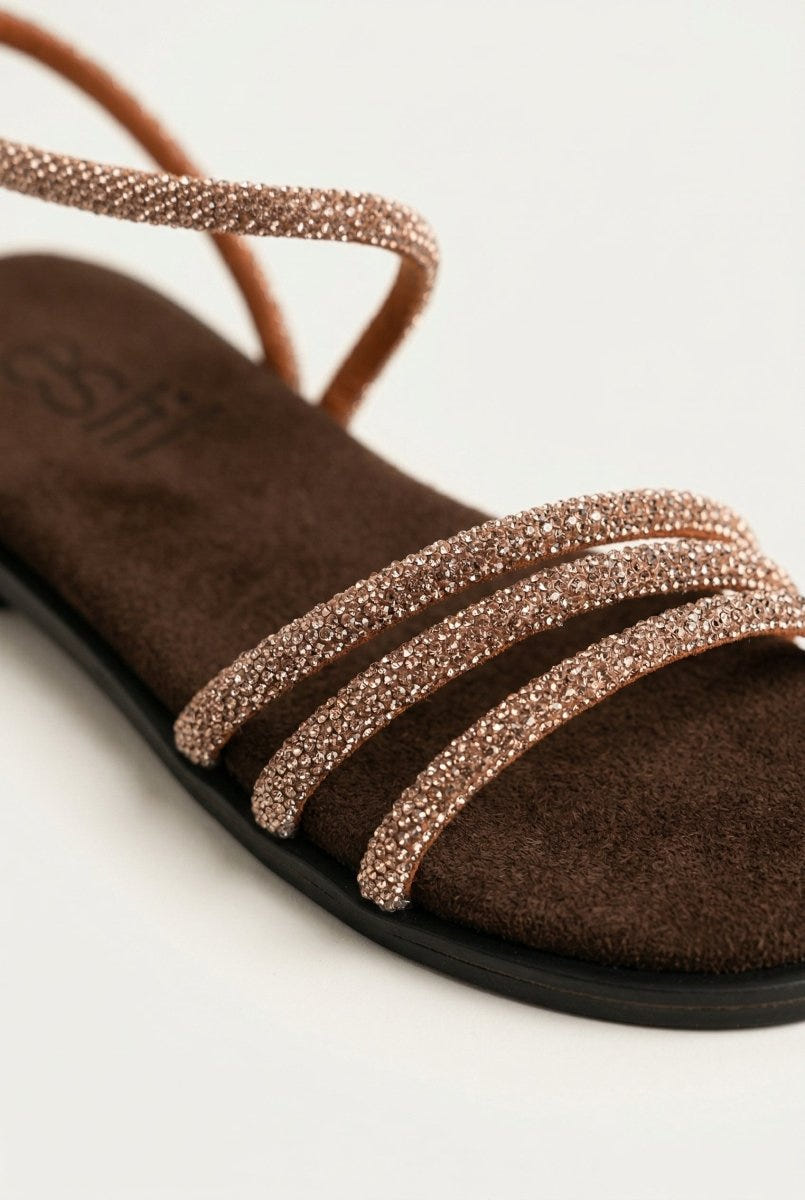 Estil - Rhinestone Sandals - Brown Suede