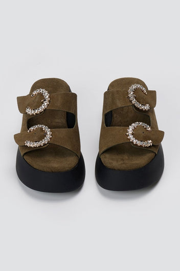 Estil - Rhinestone Sandals - Olive Suede