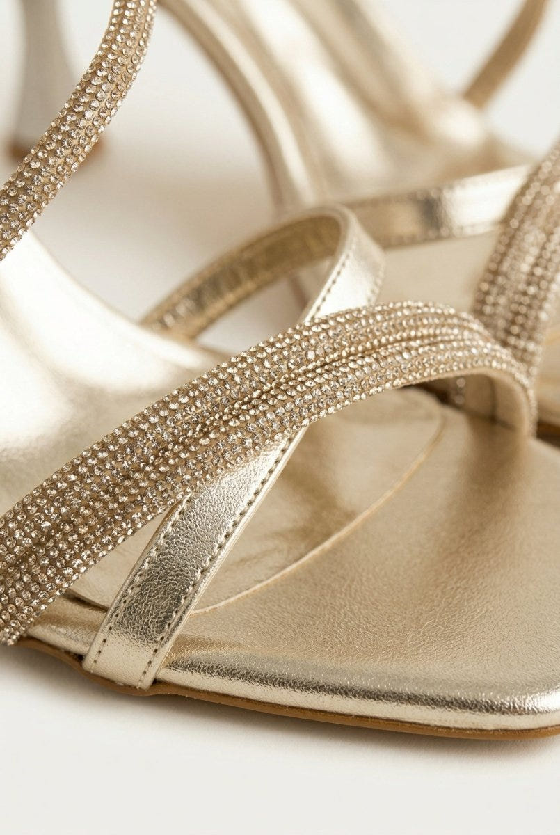 TFP - Rhinestone Strap Heeled Sandals - Gold