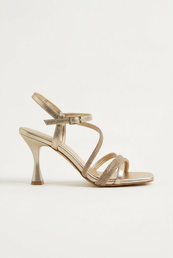 TFP - Rhinestone Strap Heeled Sandals - Gold