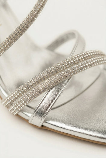 TFP - Rhinestone Strap Heeled Sandals - Silver Metallic