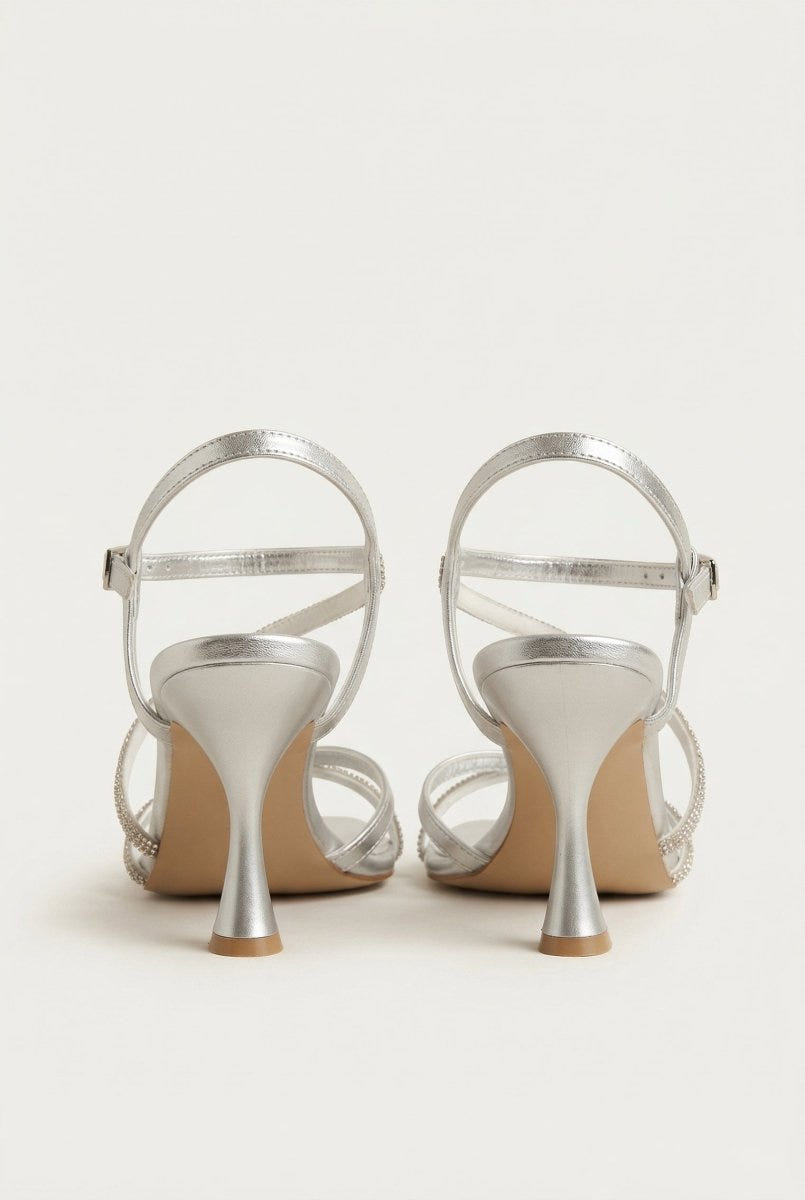 TFP - Rhinestone Strap Heeled Sandals - Silver Metallic