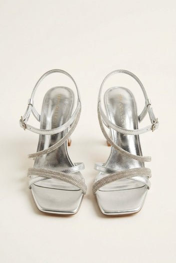 TFP - Rhinestone Strap Heeled Sandals - Silver Metallic