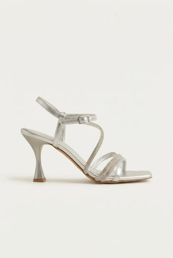 TFP - Rhinestone Strap Heeled Sandals - Silver Metallic