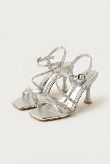 TFP - Rhinestone Strap Heeled Sandals - Silver Metallic